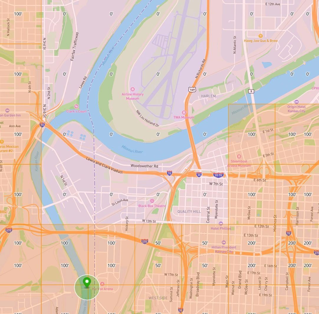 Map showing city roads and river